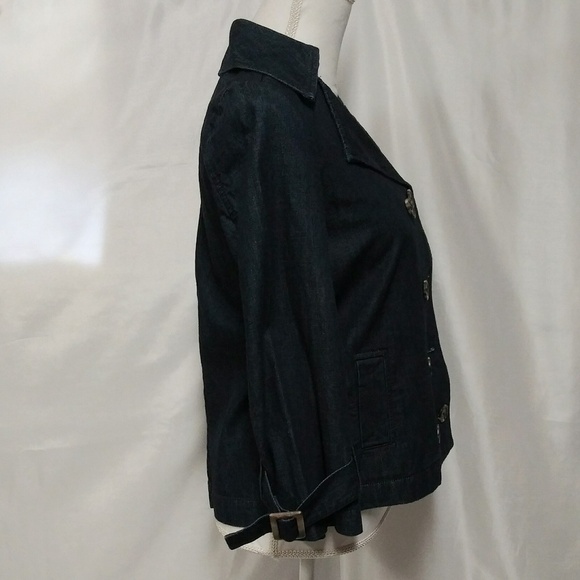 Old Navy Blue Dark Wash Collared Long Sleeve Double Breasted Denim Jean Jacket - Picture 3 of 7